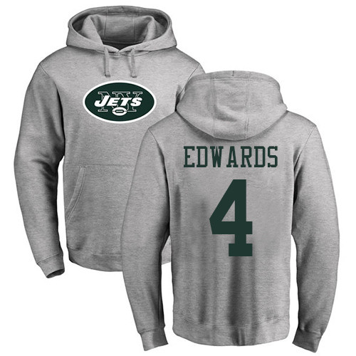 New York Jets Men Ash Lac Edwards Name and Number Logo NFL Football 4 Pullover Hoodie Sweatshirts